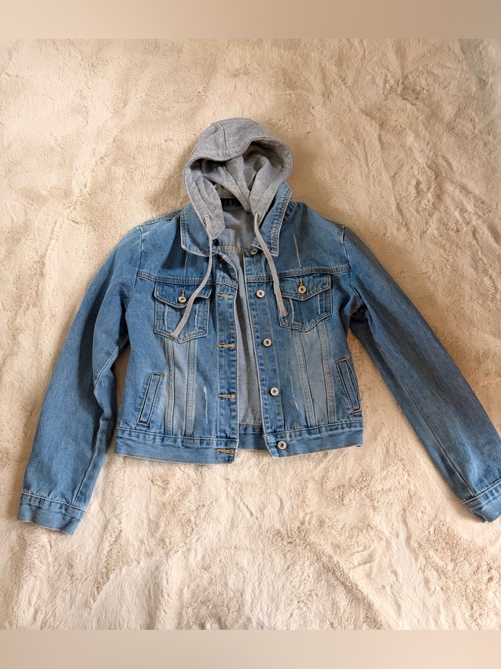Women’s Medium Denim Jacket Detachable Gray Hoodie Layered